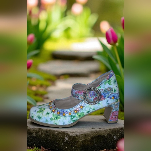 L'Artiste Floral  Leather Mary Jane Embellished Heels - Picture 1 of 16
